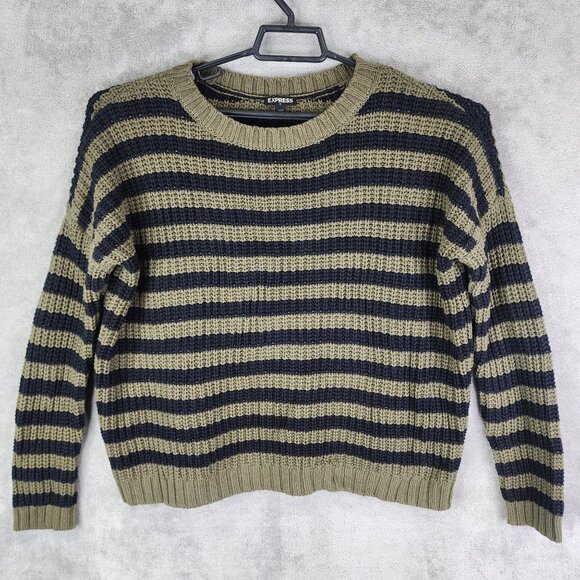 Womens Express Olive & Black Striped Knit Sweater Crew Neck Long Sleeve Size M - Picture 2 of 11